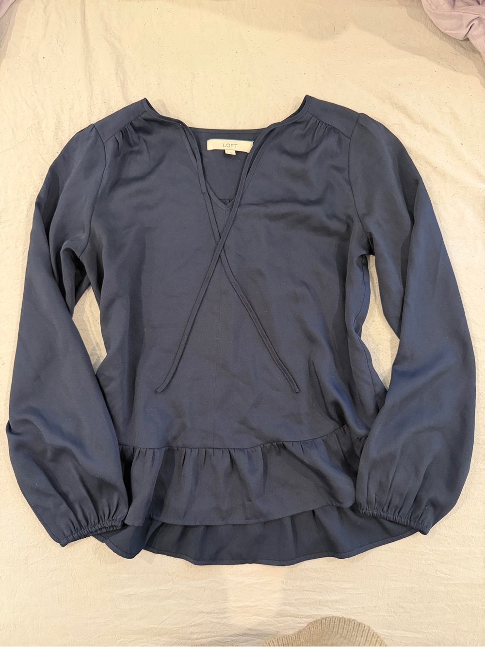 LOFT Navy Tie-Neck Peplum Blouse